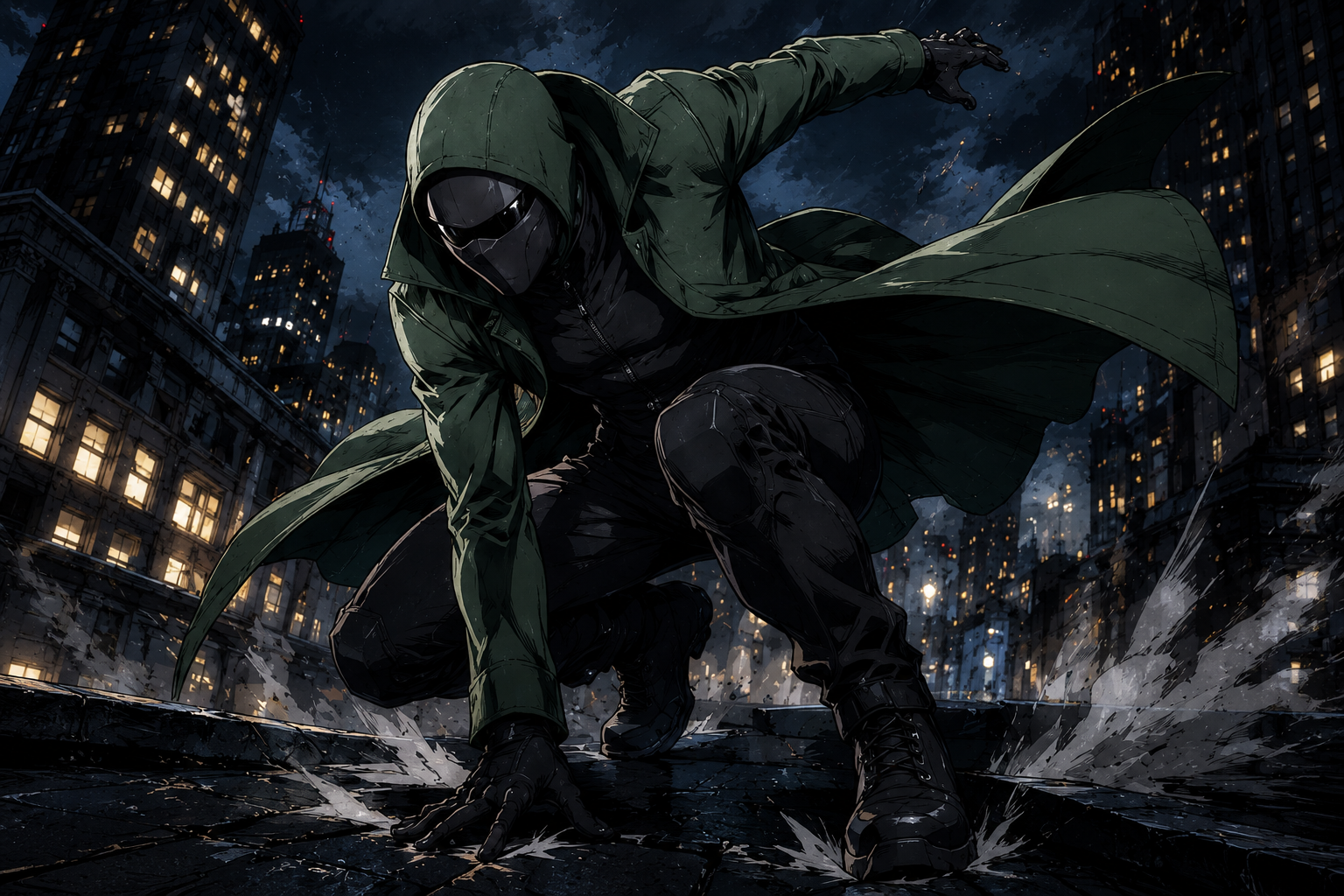 Bungleton crouched on a Chicago rooftop at night in a green hooded cloak